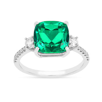 Lab Created Emerald and Moissanite Rhodium Over Sterling Silver 3-Stone Ring