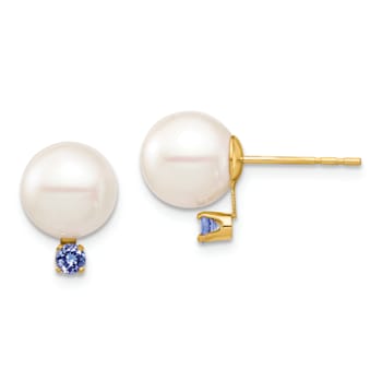 14K Yellow Gold 8-8.5mm White Round Freshwater Cultured Pearl Tanzanite
Post Earrings