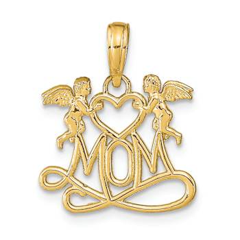 14k Yellow Gold Polished and Textured Mom with Heart and Angels Pendant
