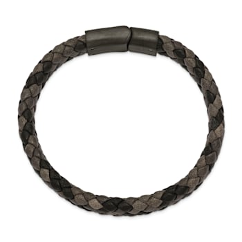 Brown Leather and Stainless Steel Brushed Gun Metal IP-plated 8.25-inch Bracelet
