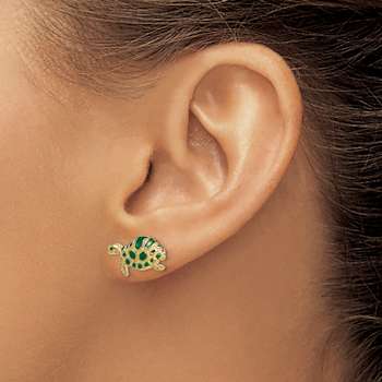 14K Yellow Gold Textured Green Enamel Turtle Stud Earrings