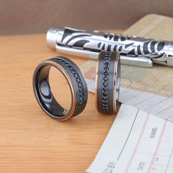 ASTRO Flat Brushed Black Titanium Ring with Rose Gold Plated Edge and
Black Sapphire Settings 8mm