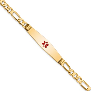14k Yellow Gold Medical Soft Diamond Shape Red Enamel Flat Figaro Link
ID Bracelet