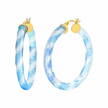 14K Yellow Gold Over Sterling Silver Painted Hoops in Light Blue Stripe