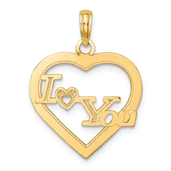14k Yellow Gold Textured I HEART YOU in Heart Frame pendant