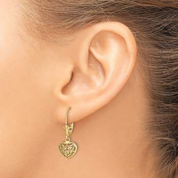 14k Yellow Gold Diamond-Cut and Textured Mini Puffed Heart Dangle Earrings