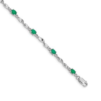Rhodium Over 10k White Gold Diamond and Green Emerald Bracelet