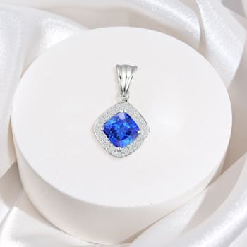 14K White Gold Rectangular Cushion Tanzanite and Diamond Pendant 2.24ctw