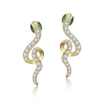 Emerald Color CZ Snake Drop Earrings In 14K Gold Over Brass