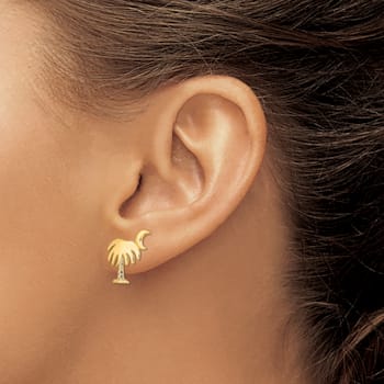 14K Yellow Gold Textured Charleston Palm Tree with Moon Stud Earrings