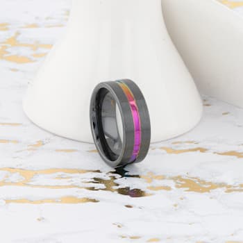 AZURE Flat Black Ceramic Ring Brushed with Rainbow Groove 8mm