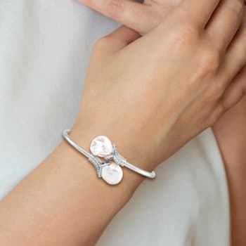 Rhodium Over Sterling Silver 16-17mm White Keshi Freshwater Cultured
Pearl CZ Flexible Bangle