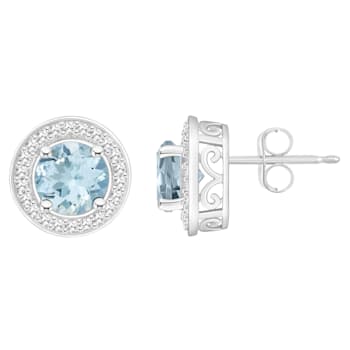 6mm Round Aquamarine 1/5 ctw Diamond Rhodium Over Sterling Silver Halo
Stud Earrings