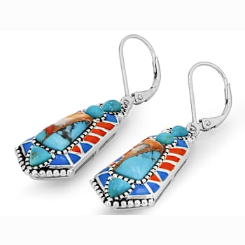 Spiny Oyster, Turquoise And Enamel Sterling Silver Dangle Earrings 12x6mm