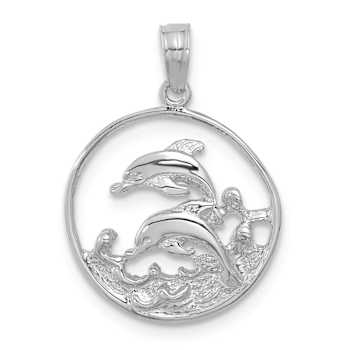 Rhodium Over 14k White Gold Textured Double Dolphin in Circle Pendant