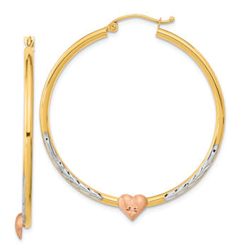 14k Tri-color Gold 1 3/4" Diamond-Cut and Brushed Heart Hoop Earrings