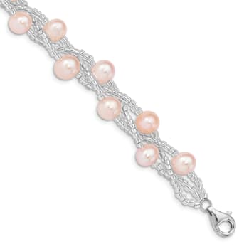 Rhodium Over Sterling Silver 7-9mm Pink Freshwater Cultured Pearl And
Glass Beaded Bracelet