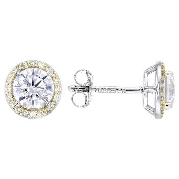 Yellow and White CZ Halo Stud Earrings In Yellow Gold and Sterling Silver