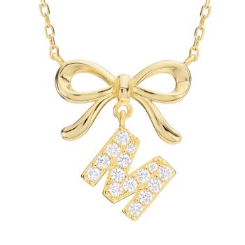 CZ Initial M Bow Pendant Necklace In 14K Gold Over Sterling Silver 0.23ctw