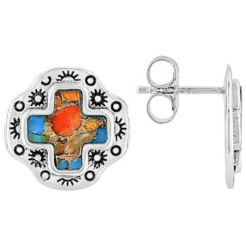 Turquoise And Spiny Oyster Shell Sterling Silver Cross Earrings