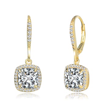 Square CZ Halo Drop Earrings In 14K Gold Over Sterling Silver