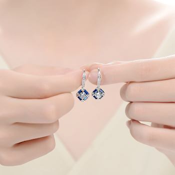 Square Blue Stone Drop Earrings In Sterling Silver