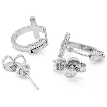 CZ Cross Huggie And Stud Earring Set In Gold-Tone Brass