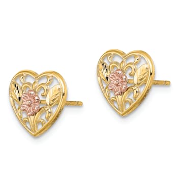 14K Yellow Gold and 14K Rose Gold Polished and Textured Floral in Heart
Stud Earrings
