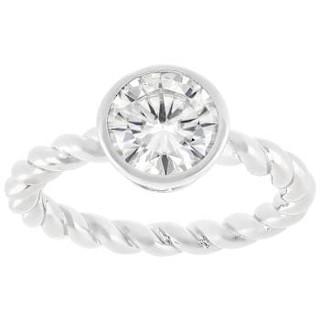 Bezel Set Moissanite Solitaire Ring With Rope Textured Band In
Platinum-Enhanced Sterling Silver