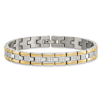 White Cubic Zirconia Stainless Steel Polished Yellow IP Plated Men's Bracelet