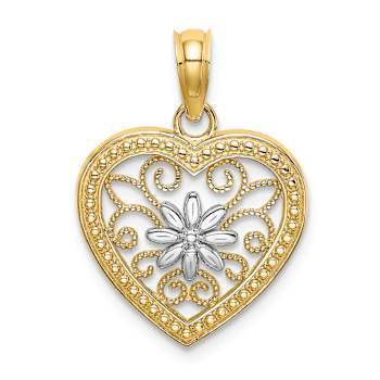 14K Two-tone Gold  Textured Heart Flower Filigree Charm