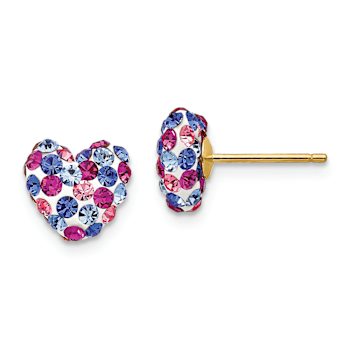 14k Yellow Gold 8mm Multi-Colored Crystal Heart Stud Earrings
