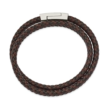 Brown and Black Braided Leather and Stainless Steel Polished 15.75-inch
Wrap Bracelet