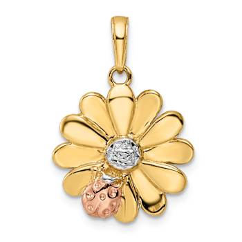 14K Tri-color Gold Diamond-Cut Ladybug on Flower Pendant