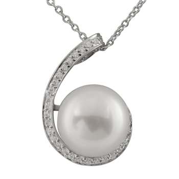11-12mm Button White Cultured Freshwater Pearl and CZ Rhodium Over
Sterling Silver Pendant