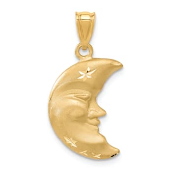 14k Yellow Gold Satin and Diamond-Cut Moon Pendant