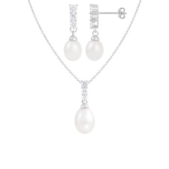 7-8mm Drop White Freshwater Pearl and CZ Rhodium Over Sterling Earring
and Pendant W/Chain Set
