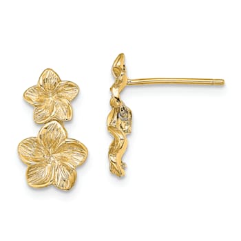 14K Yellow Gold Textured Double Plumeria Flower Dangle Earrings