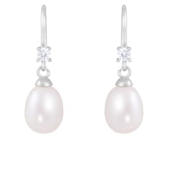 White Cultured Freshwater Pearl and Cubic Zirconia Rhodium Over Sterling
Silver 7-8mm Drop Earrings