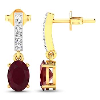 1.70ctw 14K Yellow Gold Red Ruby and White Diamond Halo Earrings