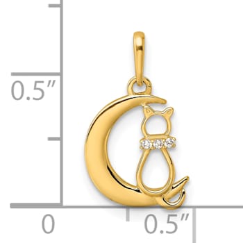 14K Yellow Gold Childrens Cubic Zirconia Cat and Moon Pendant