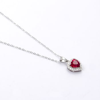 Red Lab Created Ruby With Moissanite Accents Rhodium Over Silver Heart Pendant