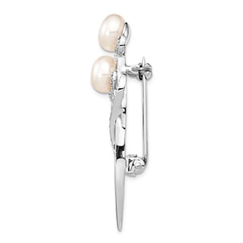 Rhodium Over Sterling Silver 7-8mm White Button Freshwater Cultured
Pearl Cubic Zirconia Brooch