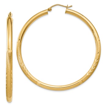 14k Yellow Gold Satin and Diamond-Cut 1 15/16" Round Hoop Earrings