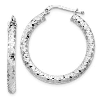 Rhodium Over 14k White Gold Diamond-Cut 1 1/8" Hoop Earrings