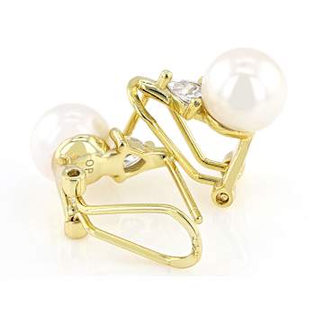 Freshwater Pearl And CZ Halo Stud Earrings In 18K Gold Over Sterling Silver