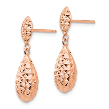 14k Rose Gold Diamond-Cut Puffed Teardrop Dangle Earrings