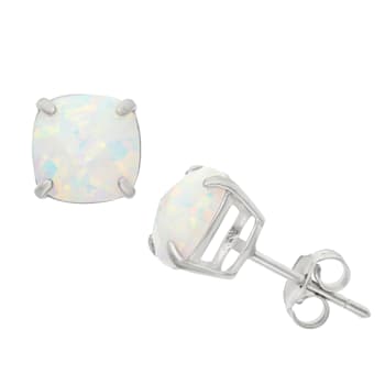 Cushion Cut Lab-Created Opal Stud Earrings In Sterling Silver 2.10ctw