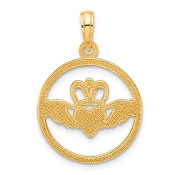14k Yellow Gold Polished and Textured Circle Claddagh Pendant