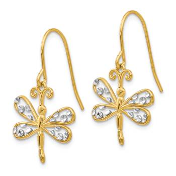 14k Yellow Gold and Rhodium Over 14k Yellow Gold Diamond-Cut Dragonfly
Dangle Earrings